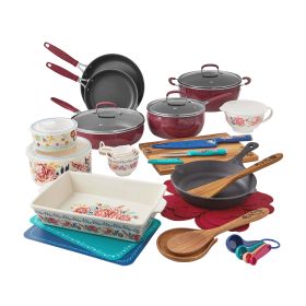 Keepsake Floral 38-Piece Cookware Set, Merlot - merlot