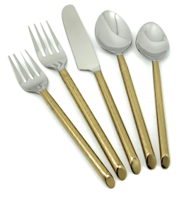 Vibhsa Golden Flatware Set of 5 Pieces (Cut Hammered, Stainless Steel) (Color: Gold, size: Service for 1)