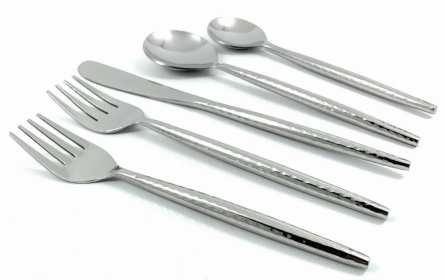 Vibhsa Stainless Steel Flatware Set of 5 Pieces (Hammered, Silver Glossy) (Color: Silver, size: Service for 1)